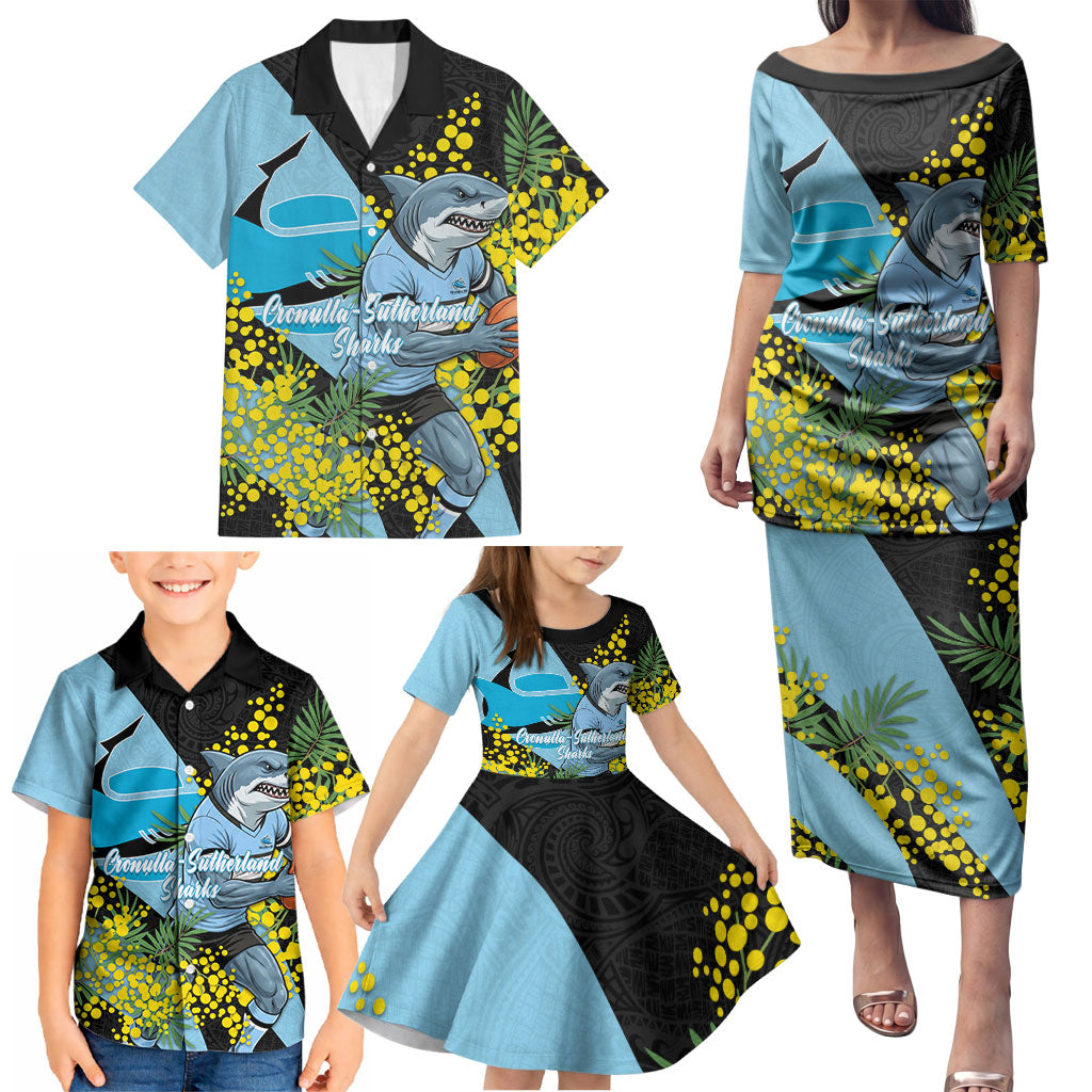 Cronulla Sutherland Sharks Family Matching Puletasi and Hawaiian Shirt Golden Wattle Floral Polynesian - Australian Flower - Rugby Mascot