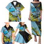 Cronulla Sutherland Sharks Family Matching Puletasi and Hawaiian Shirt Golden Wattle Floral Polynesian - Australian Flower - Rugby Mascot