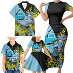 Cronulla Sutherland Sharks Family Matching Short Sleeve Bodycon Dress and Hawaiian Shirt Golden Wattle Floral Polynesian - Australian Flower - Rugby Mascot