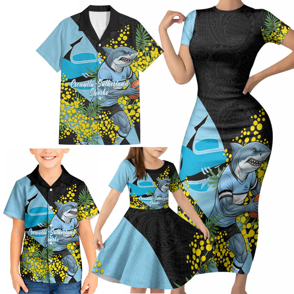 Cronulla Sutherland Sharks Family Matching Short Sleeve Bodycon Dress and Hawaiian Shirt Golden Wattle Floral Polynesian - Australian Flower - Rugby Mascot