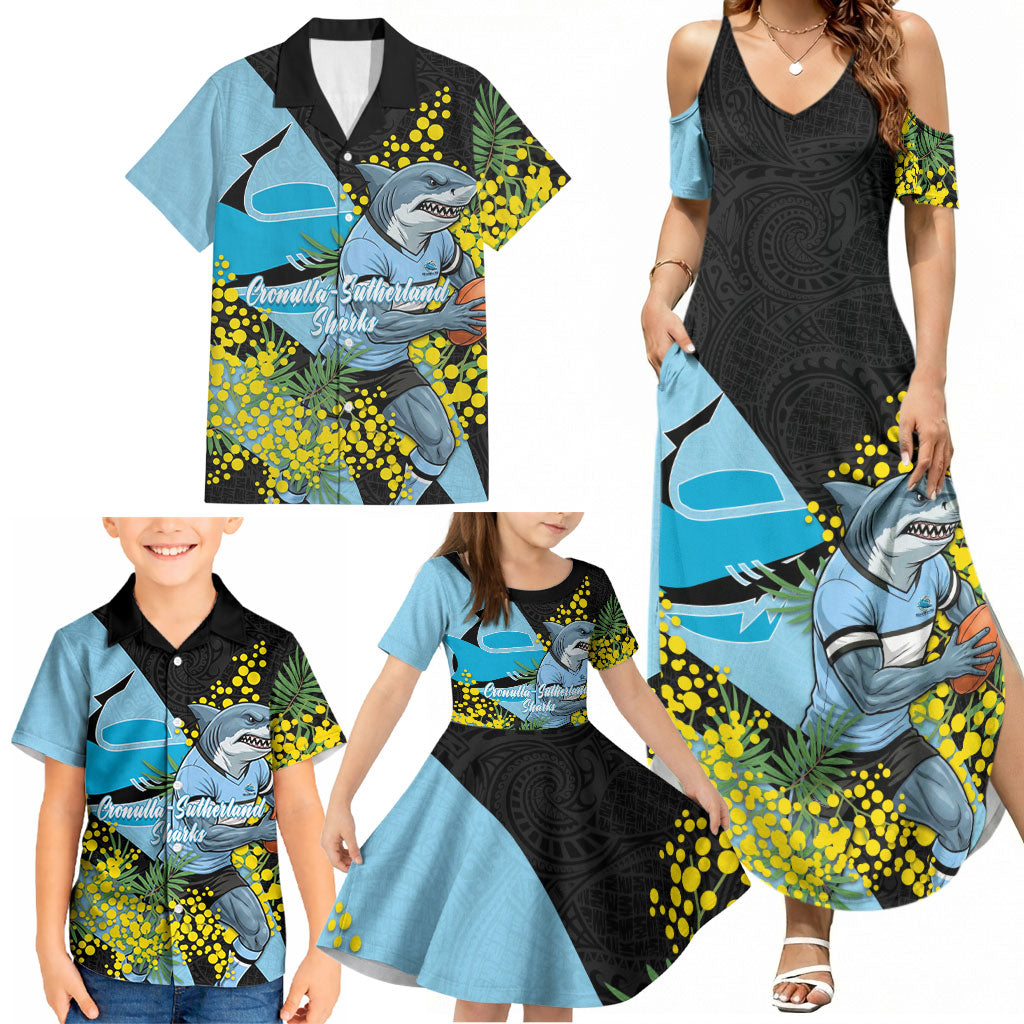 Cronulla Sutherland Sharks Family Matching Summer Maxi Dress and Hawaiian Shirt Golden Wattle Floral Polynesian - Australian Flower - Rugby Mascot