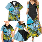 Cronulla Sutherland Sharks Family Matching Summer Maxi Dress and Hawaiian Shirt Golden Wattle Floral Polynesian - Australian Flower - Rugby Mascot