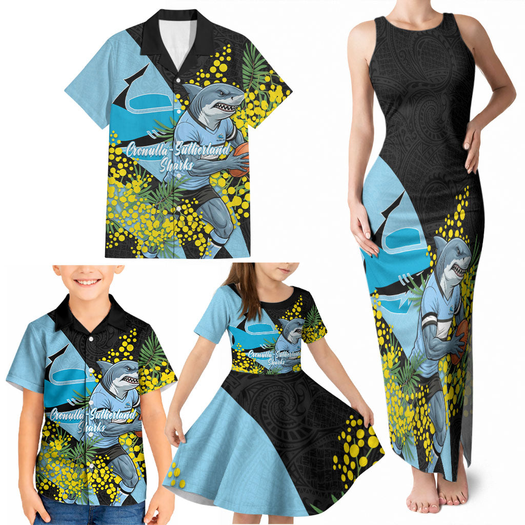Cronulla Sutherland Sharks Family Matching Tank Maxi Dress and Hawaiian Shirt Golden Wattle Floral Polynesian - Australian Flower - Rugby Mascot