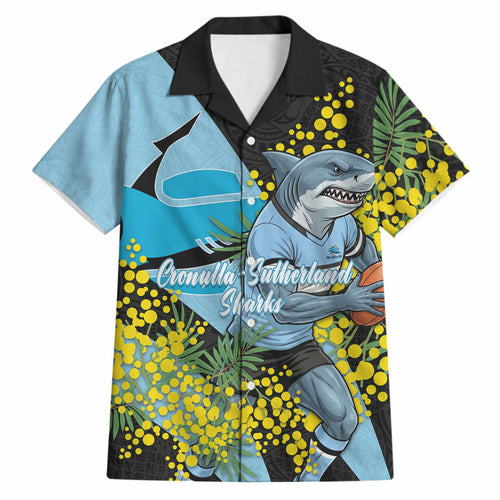 Cronulla Sutherland Sharks Hawaiian Shirt Golden Wattle Floral Polynesian - Australian Flower - Rugby Mascot