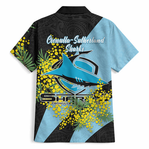 Cronulla Sutherland Sharks Hawaiian Shirt Golden Wattle Floral Polynesian - Australian Flower - Rugby Mascot