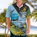 Cronulla Sutherland Sharks Hawaiian Shirt Golden Wattle Floral Polynesian - Australian Flower - Rugby Mascot