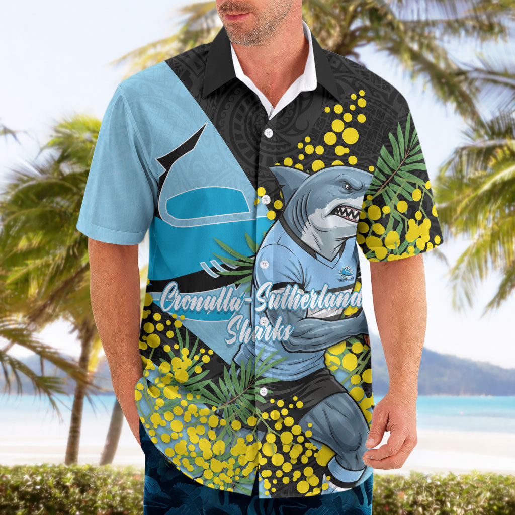 Cronulla Sutherland Sharks Hawaiian Shirt Golden Wattle Floral Polynesian - Australian Flower - Rugby Mascot