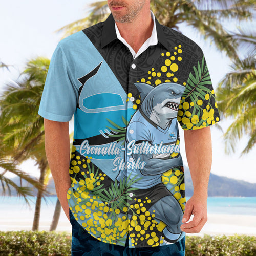 Cronulla Sutherland Sharks Hawaiian Shirt Golden Wattle Floral Polynesian - Australian Flower - Rugby Mascot