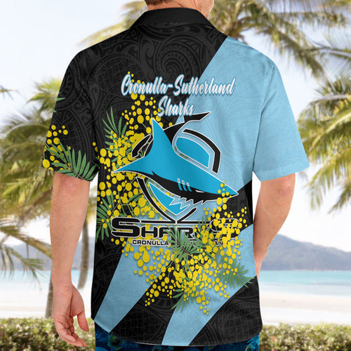 Cronulla Sutherland Sharks Hawaiian Shirt Golden Wattle Floral Polynesian - Australian Flower - Rugby Mascot