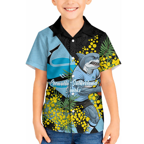 Cronulla Sutherland Sharks Hawaiian Shirt Golden Wattle Floral Polynesian - Australian Flower - Rugby Mascot