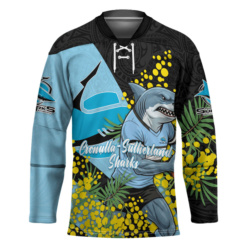 Cronulla Sutherland Sharks Hockey Jersey Golden Wattle Floral Polynesian - Australian Flower - Rugby Mascot