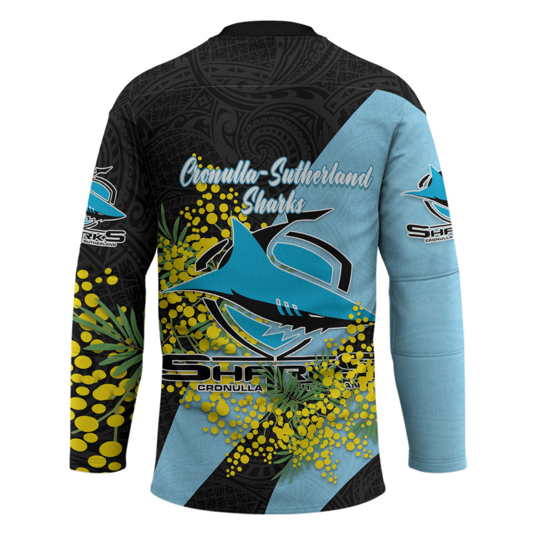 Cronulla Sutherland Sharks Hockey Jersey Golden Wattle Floral Polynesian - Australian Flower - Rugby Mascot
