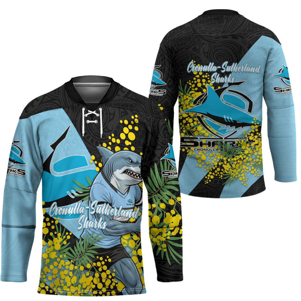 Cronulla Sutherland Sharks Hockey Jersey Golden Wattle Floral Polynesian - Australian Flower - Rugby Mascot