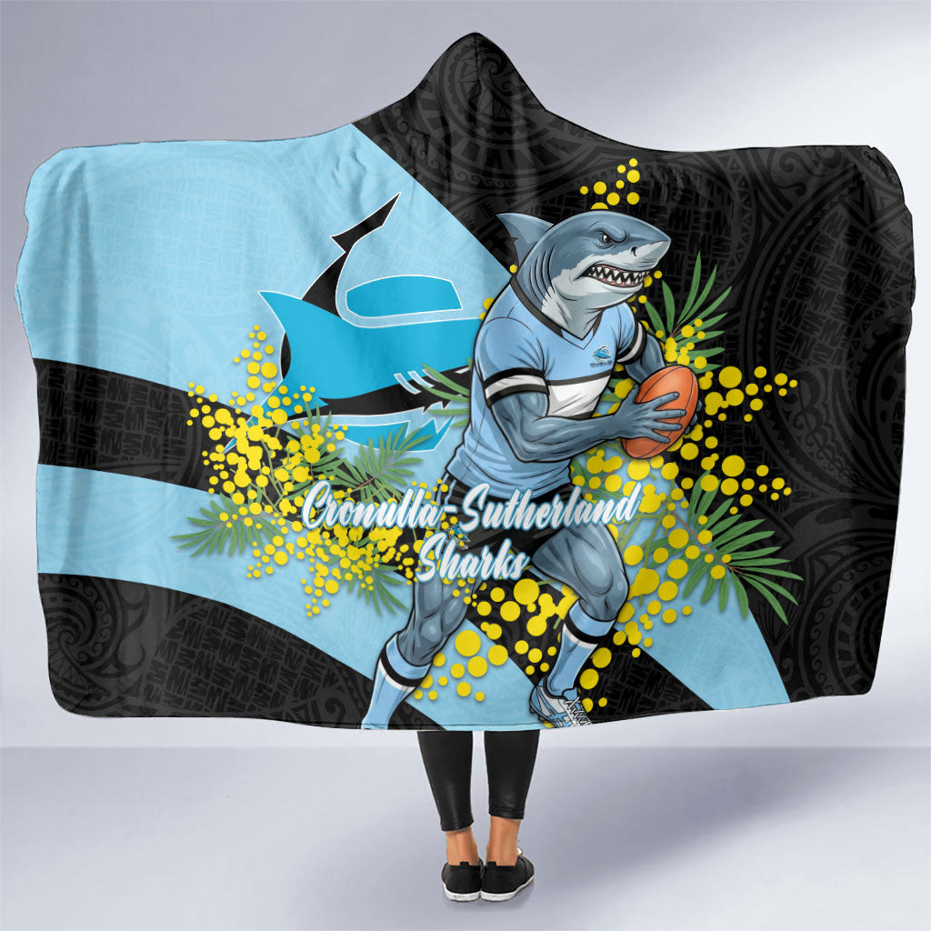 Cronulla Sutherland Sharks Hooded Blanket Golden Wattle Floral Polynesian - Australian Flower - Rugby Mascot