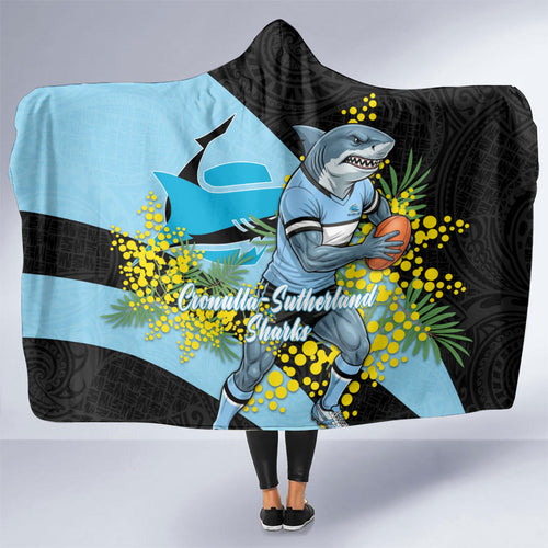 Cronulla Sutherland Sharks Hooded Blanket Golden Wattle Floral Polynesian - Australian Flower - Rugby Mascot