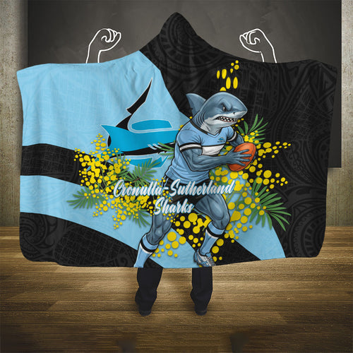 Cronulla Sutherland Sharks Hooded Blanket Golden Wattle Floral Polynesian - Australian Flower - Rugby Mascot