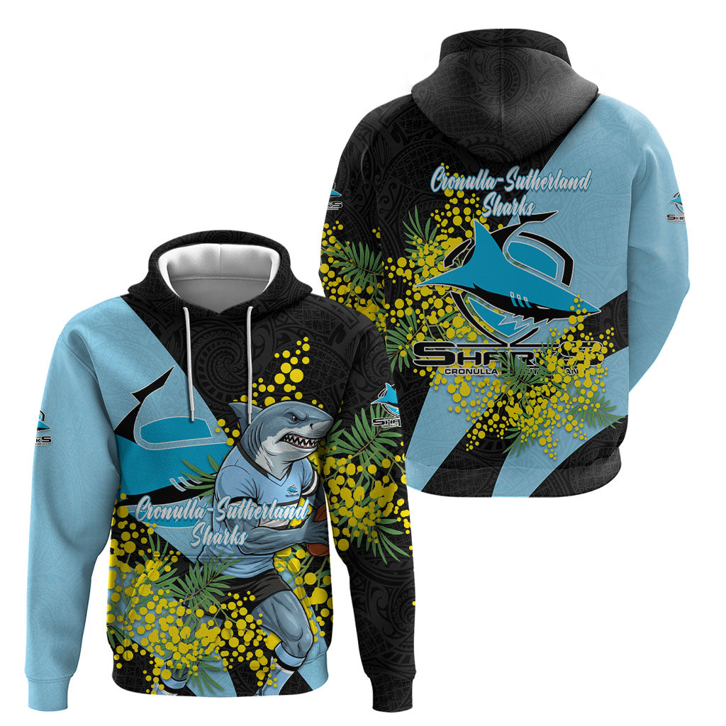 Cronulla Sutherland Sharks Hoodie Golden Wattle Floral Polynesian - Australian Flower - Rugby Mascot