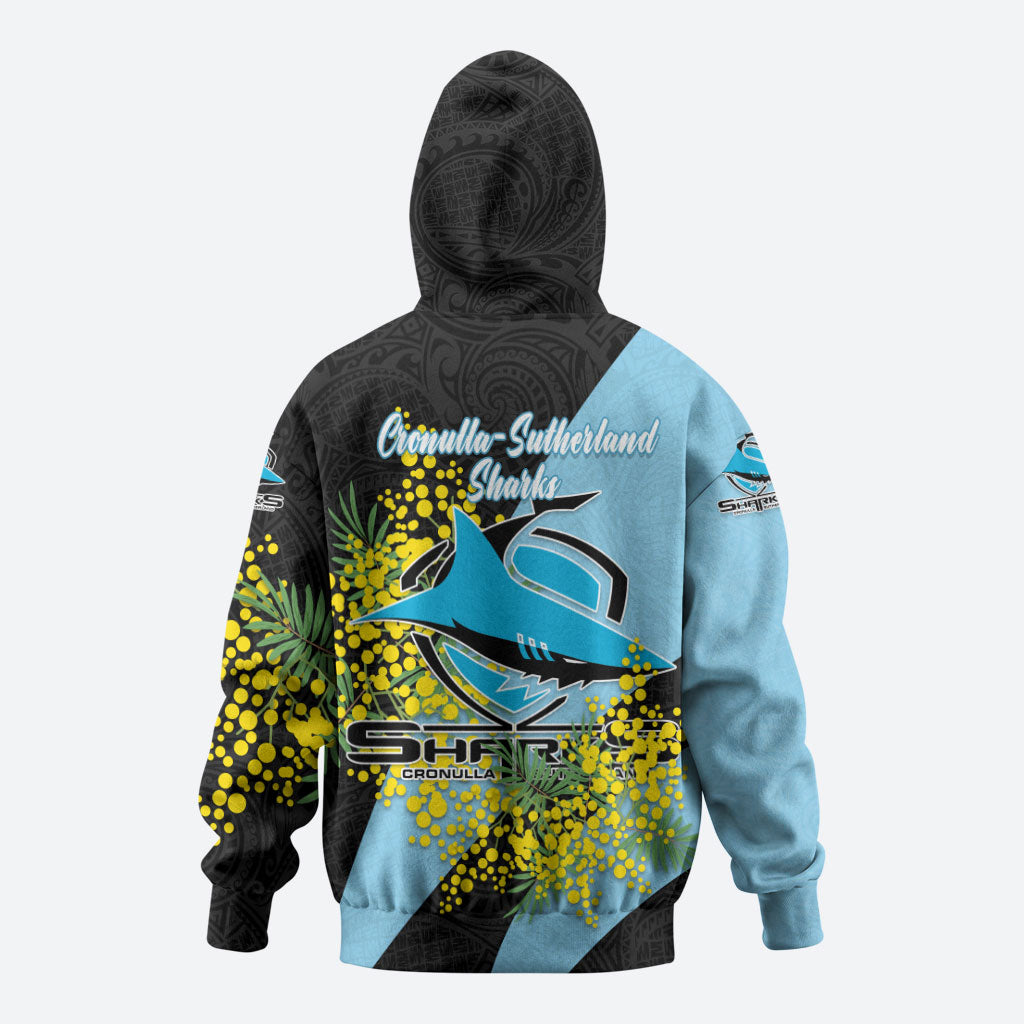 Cronulla Sutherland Sharks Hoodie Golden Wattle Floral Polynesian - Australian Flower - Rugby Mascot