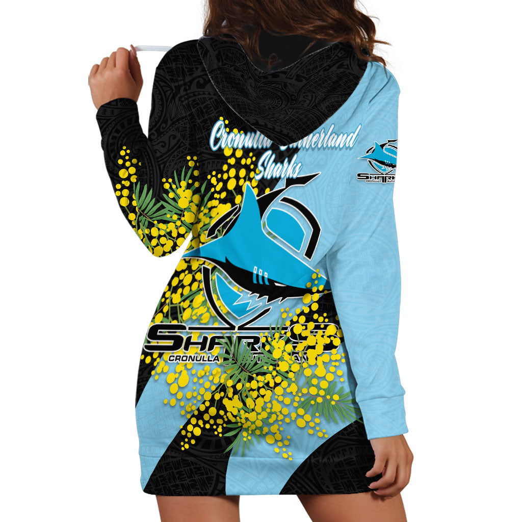 Cronulla Sutherland Sharks Hoodie Dress Golden Wattle Floral Polynesian - Australian Flower - Rugby Mascot
