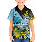Cronulla Sutherland Sharks Kid Hawaiian Shirt Golden Wattle Floral Polynesian - Australian Flower - Rugby Mascot