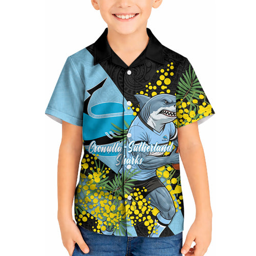 Cronulla Sutherland Sharks Kid Hawaiian Shirt Golden Wattle Floral Polynesian - Australian Flower - Rugby Mascot