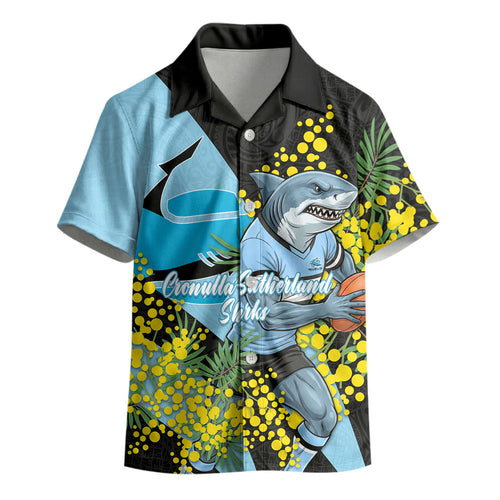 Cronulla Sutherland Sharks Kid Hawaiian Shirt Golden Wattle Floral Polynesian - Australian Flower - Rugby Mascot