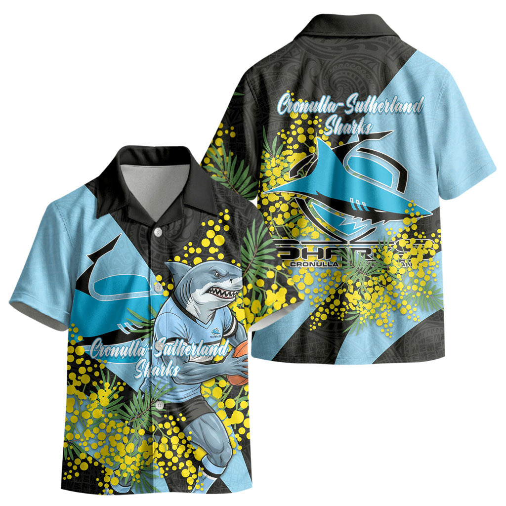 Cronulla Sutherland Sharks Kid Hawaiian Shirt Golden Wattle Floral Polynesian - Australian Flower - Rugby Mascot