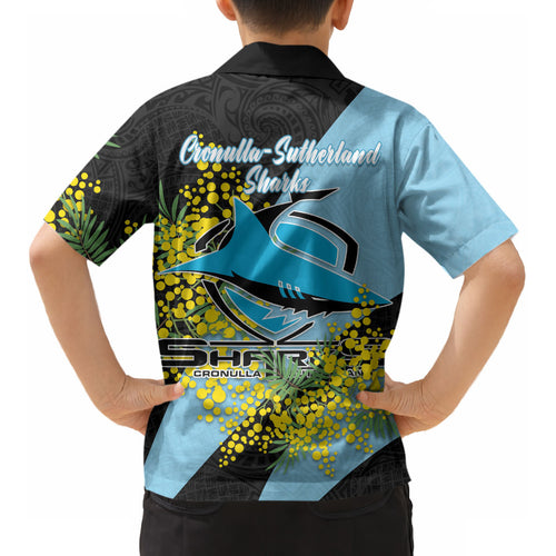 Cronulla Sutherland Sharks Kid Hawaiian Shirt Golden Wattle Floral Polynesian - Australian Flower - Rugby Mascot