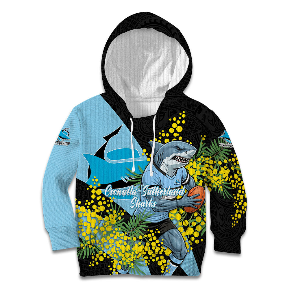 Cronulla Sutherland Sharks Kid Hoodie Golden Wattle Floral Polynesian - Australian Flower - Rugby Mascot