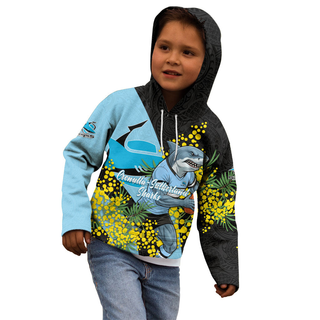 Cronulla Sutherland Sharks Kid Hoodie Golden Wattle Floral Polynesian - Australian Flower - Rugby Mascot