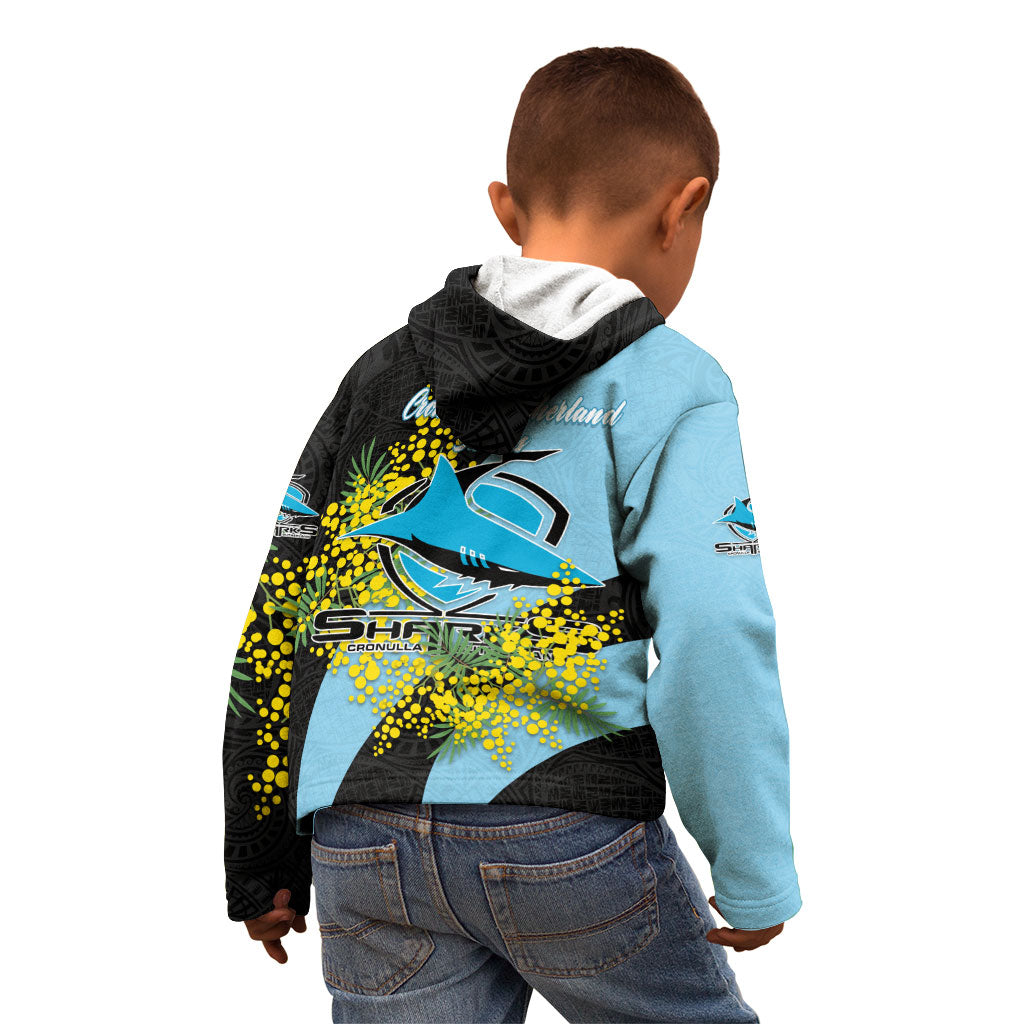 Cronulla Sutherland Sharks Kid Hoodie Golden Wattle Floral Polynesian - Australian Flower - Rugby Mascot