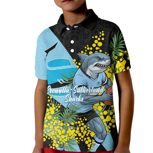 Cronulla Sutherland Sharks Kid Polo Shirt Golden Wattle Floral Polynesian - Australian Flower - Rugby Mascot