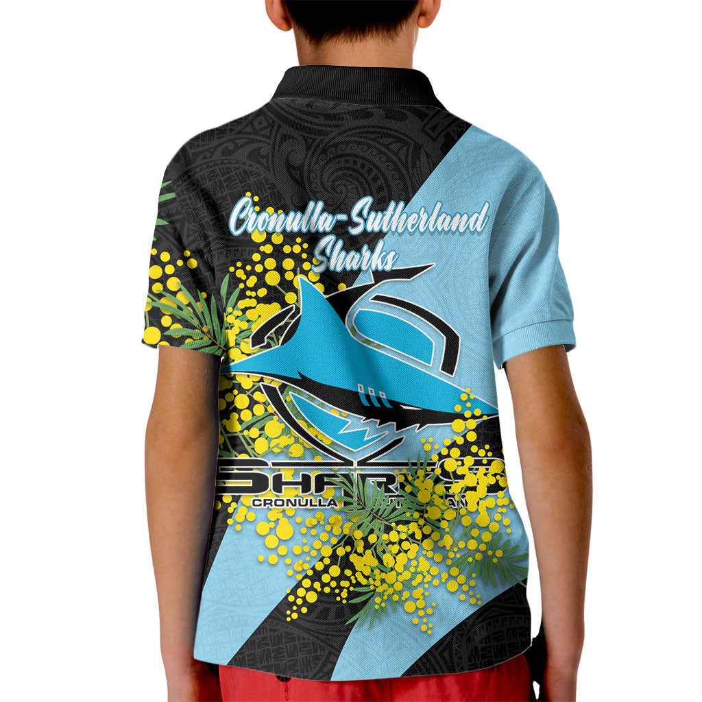 Cronulla Sutherland Sharks Kid Polo Shirt Golden Wattle Floral Polynesian - Australian Flower - Rugby Mascot