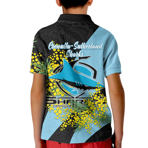Cronulla Sutherland Sharks Kid Polo Shirt Golden Wattle Floral Polynesian - Australian Flower - Rugby Mascot