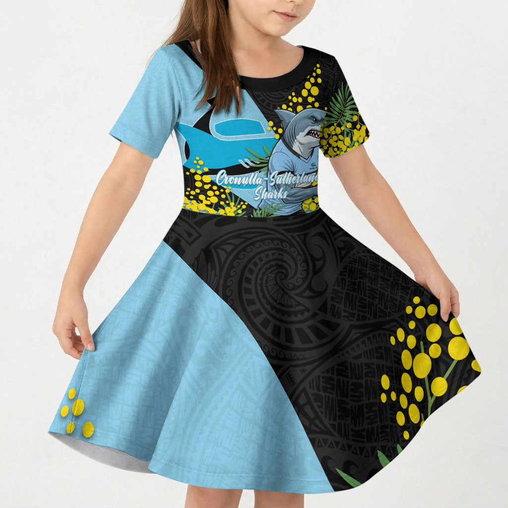 Cronulla Sutherland Sharks Kid Short Sleeve Dress Golden Wattle Floral Polynesian - Australian Flower - Rugby Mascot
