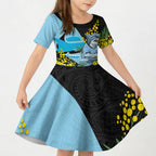 Cronulla Sutherland Sharks Kid Short Sleeve Dress Golden Wattle Floral Polynesian - Australian Flower - Rugby Mascot