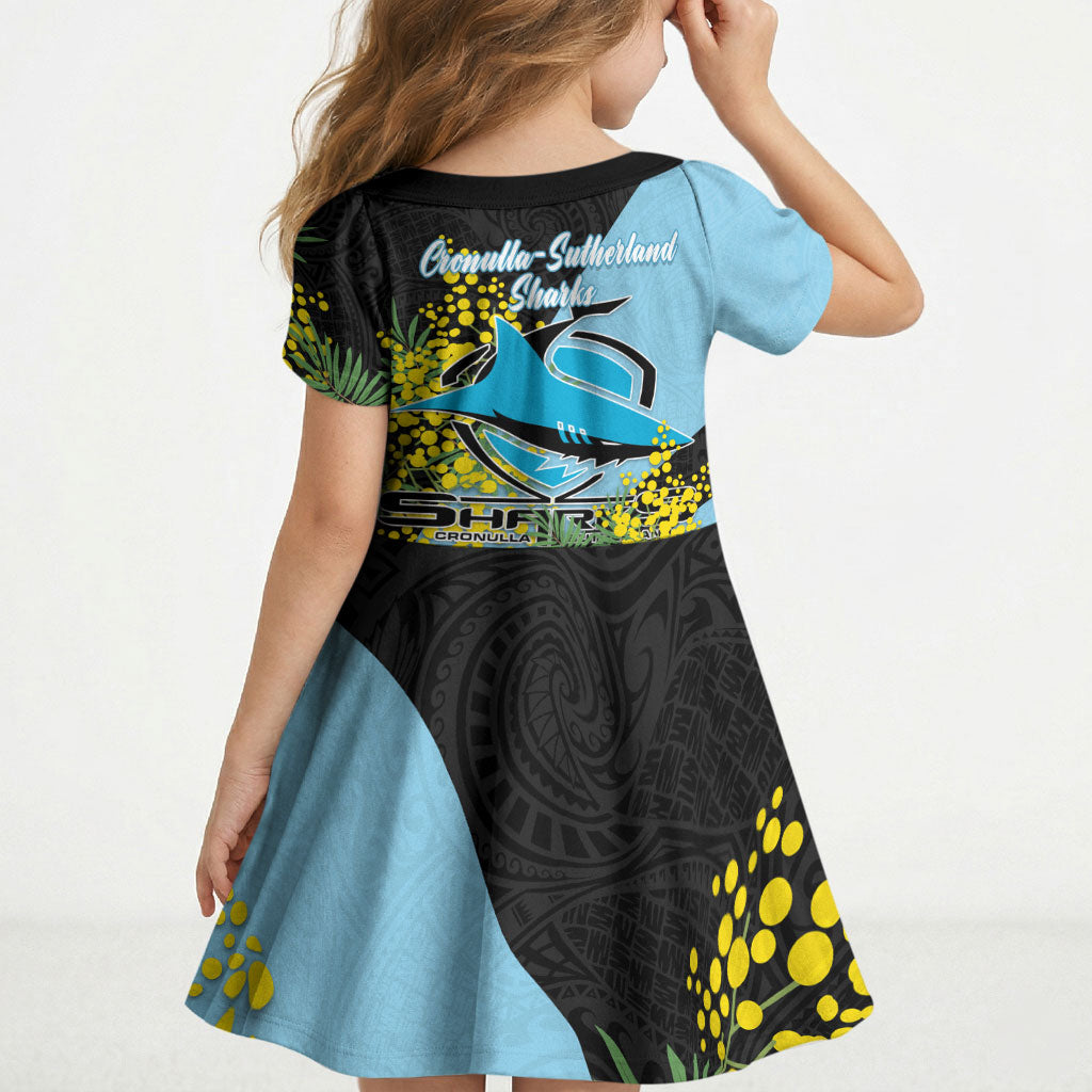 Cronulla Sutherland Sharks Kid Short Sleeve Dress Golden Wattle Floral Polynesian - Australian Flower - Rugby Mascot