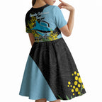 Cronulla Sutherland Sharks Kid Short Sleeve Dress Golden Wattle Floral Polynesian - Australian Flower - Rugby Mascot