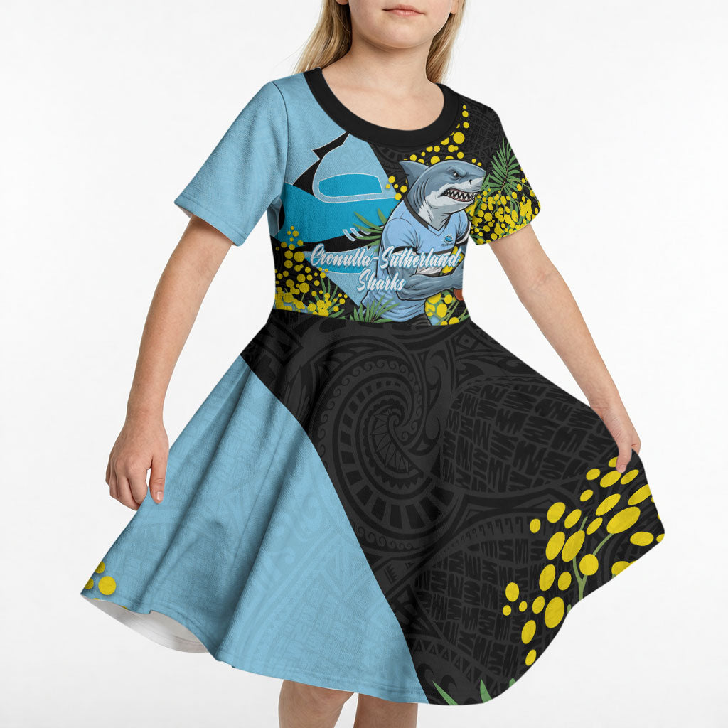 Cronulla Sutherland Sharks Kid Short Sleeve Dress Golden Wattle Floral Polynesian - Australian Flower - Rugby Mascot