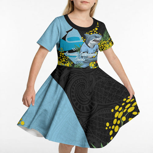 Cronulla Sutherland Sharks Kid Short Sleeve Dress Golden Wattle Floral Polynesian - Australian Flower - Rugby Mascot