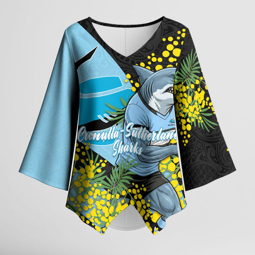 Cronulla Sutherland Sharks Kimono Sleeve Blouse Golden Wattle Floral Polynesian - Australian Flower - Rugby Mascot