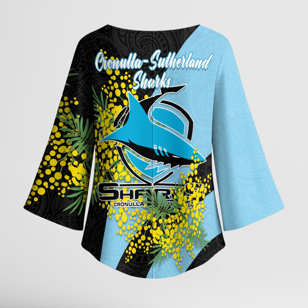 Cronulla Sutherland Sharks Kimono Sleeve Blouse Golden Wattle Floral Polynesian - Australian Flower - Rugby Mascot