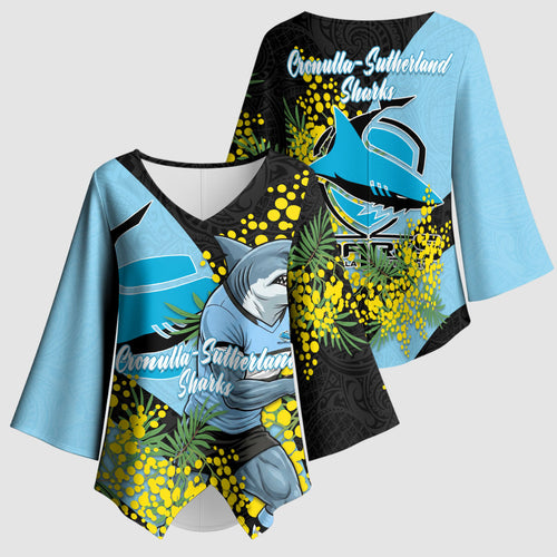 Cronulla Sutherland Sharks Kimono Sleeve Blouse Golden Wattle Floral Polynesian - Australian Flower - Rugby Mascot
