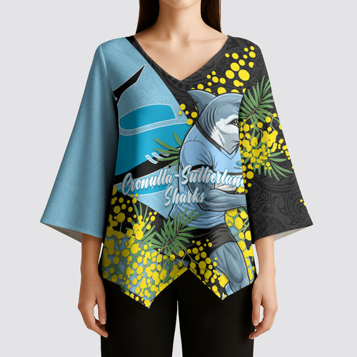 Cronulla Sutherland Sharks Kimono Sleeve Blouse Golden Wattle Floral Polynesian - Australian Flower - Rugby Mascot