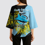 Cronulla Sutherland Sharks Kimono Sleeve Blouse Golden Wattle Floral Polynesian - Australian Flower - Rugby Mascot