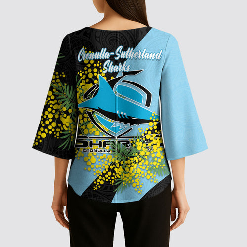 Cronulla Sutherland Sharks Kimono Sleeve Blouse Golden Wattle Floral Polynesian - Australian Flower - Rugby Mascot