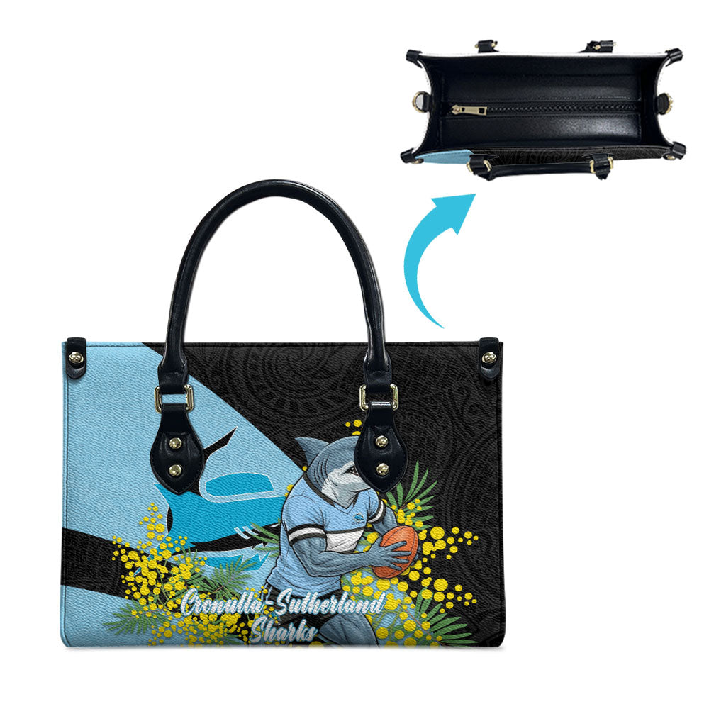 Cronulla Sutherland Sharks Leather Bag Golden Wattle Floral Polynesian - Australian Flower - Rugby Mascot