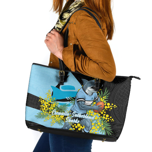 Cronulla Sutherland Sharks Leather Tote Bag Golden Wattle Floral Polynesian - Australian Flower - Rugby Mascot