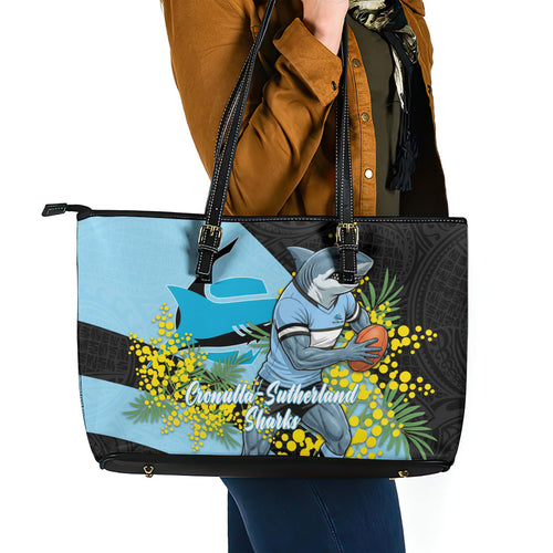 Cronulla Sutherland Sharks Leather Tote Bag Golden Wattle Floral Polynesian - Australian Flower - Rugby Mascot