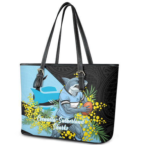 Cronulla Sutherland Sharks Leather Tote Bag Golden Wattle Floral Polynesian - Australian Flower - Rugby Mascot